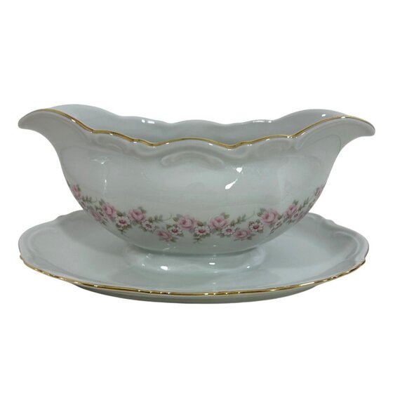 Lady Beatrice Gravy Boat Germany White Pink Roses Daisies Gold Trim Porcelain - Picture 9 of 16